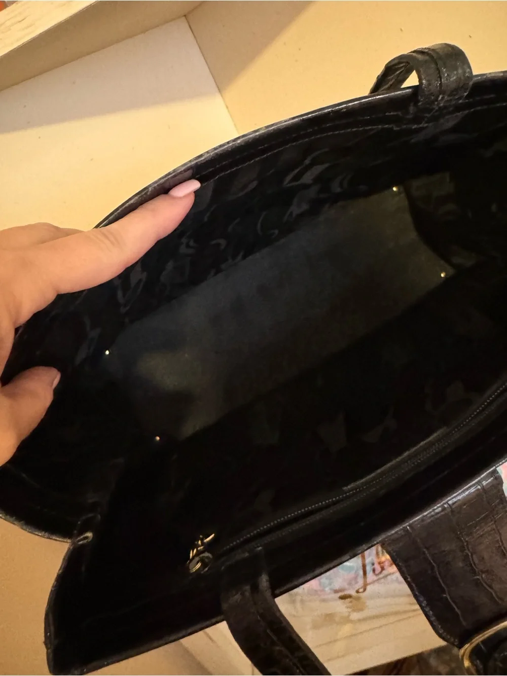 Salvatore Ferragamo Black Croc-Embossed Leather Bag with Gold Hardware